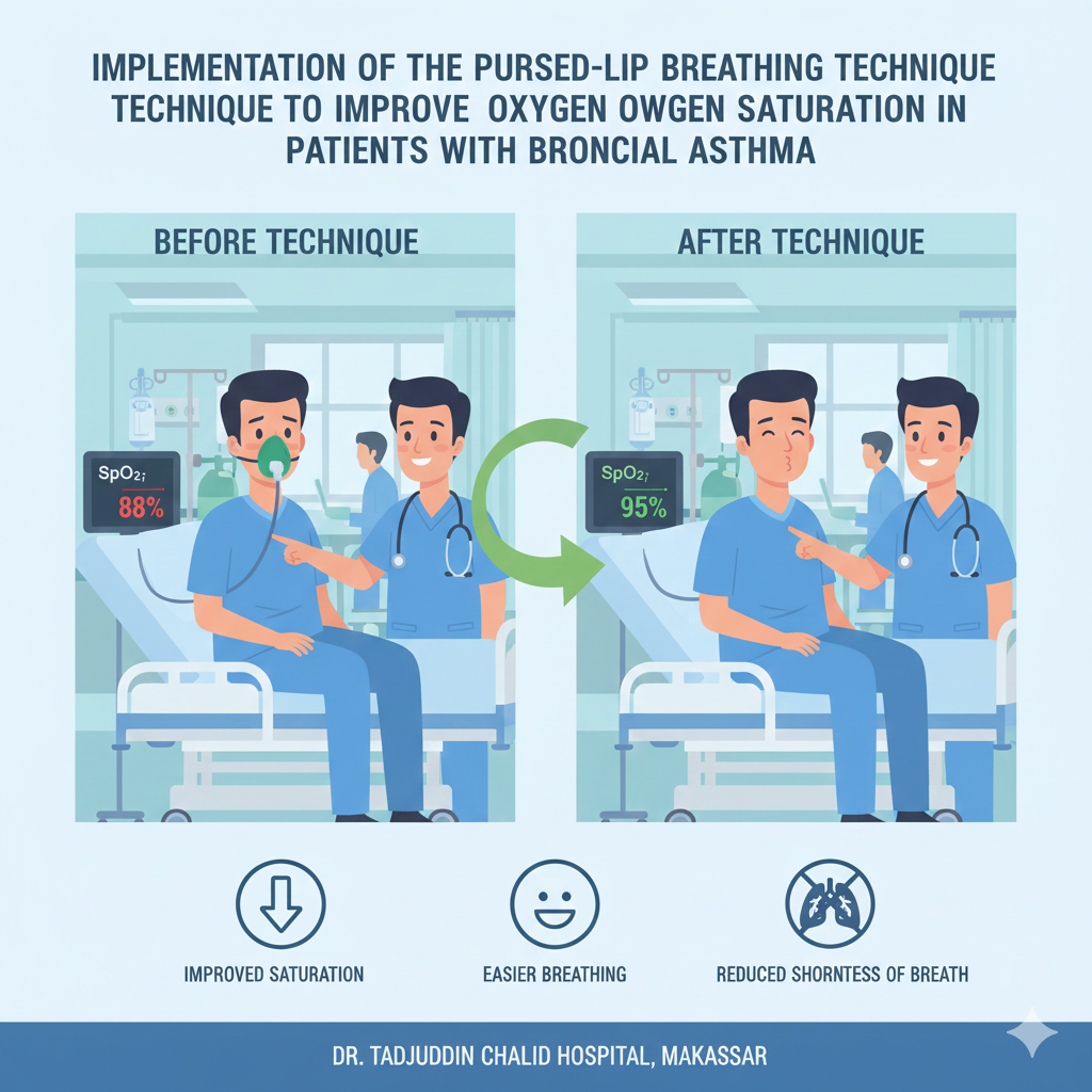 Bronchial asthma is a chronic respiratory disease characterized by airway narrowing caused by hyperactivity or inflammation, which can reduce respiratory function and oxygen saturation. Non-pharmacological management such as the Pursed Lip Breathing (PLB) technique is an effective intervention to improve ventilation and reduce shortness of breath. This study aims to examine the application of the PLB technique in improving oxygen saturation in a patient with bronchial asthma in the Emergency Room. The method used was a case study involving one asthma patient, with the PLB technique performed for 40–50 minutes. Evaluation was conducted by measuring respiratory rate and oxygen saturation using an oximeter. The results showed significant improvement, including a decrease in respiratory rate from 35 breaths/minute to 30 breaths/minute and an increase in oxygen saturation from 95% to 99% after implementing the PLB technique. These findings indicate that PLB is effective in reducing shortness of breath and enhancing oxygenation in asthma patients. In conclusion, the Pursed Lip Breathing technique can serve as an evidence-based, non-pharmacological nursing intervention to help alleviate dyspnea and improve oxygen saturation in patients with bronchial asthma.