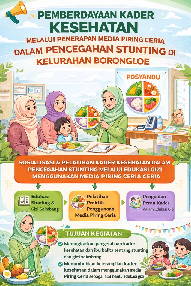 Stunting merupakan masalah gizi kronis yang masih menjadi tantangan serius di Indonesia dan berdampak pada pertumbuhan fisik, perkembangan kognitif, serta kualitas sumber daya manusia di masa depan. Salah satu faktor utama penyebab stunting adalah pola asuh dan pemberian makan balita yang belum sesuai dengan prinsip gizi seimbang. Di Kelurahan Borongloe, keterbatasan pengetahuan dan keterampilan kader kesehatan serta ibu balita dalam menyusun menu gizi seimbang masih menjadi faktor risiko terjadinya stunting. Kegiatan pengabdian kepada masyarakat ini bertujuan untuk meningkatkan kapasitas kader kesehatan dalam pencegahan stunting melalui penerapan media Piring Ceria sebagai alat edukasi gizi seimbang. Metode yang digunakan meliputi edukasi stunting dan gizi seimbang, pelatihan penggunaan media Piring Ceria, serta simulasi penyusunan menu harian balita berbasis pangan lokal. Kader kesehatan juga dibekali keterampilan komunikasi edukatif agar mampu menyampaikan pesan gizi secara efektif dan berkelanjutan kepada ibu balita. Hasil kegiatan menunjukkan peningkatan pengetahuan kader kesehatan dan ibu balita tentang pencegahan stunting dari 45% menjadi 85%, peningkatan keterampilan penggunaan media Piring Ceria dari 35% menjadi 90%, serta peningkatan kemampuan penyusunan menu gizi seimbang berbasis pangan lokal dari 40% menjadi 88%. Media Piring Ceria terbukti efektif sebagai sarana edukasi visual yang sederhana, aplikatif, dan mudah dipahami, sehingga mendorong perubahan perilaku dalam praktik pemberian makan balita di tingkat keluarga. Pemberdayaan kader kesehatan melalui media Piring Ceria berpotensi untuk direplikasi di wilayah lain dengan penyesuaian kearifan lokal dan ketersediaan pangan setempat, serta mendukung upaya promotif dan preventif dalam penanggulangan stunting secara berkelanjutan.